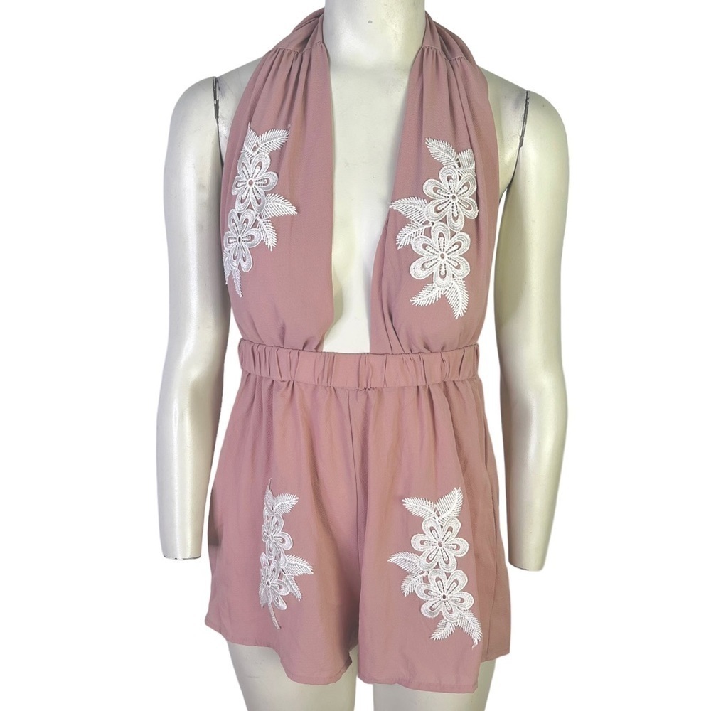 PINK ROMPER PLUNGING NECK PINK  BARBIE BLUSH ROMPERS ELASTIC WAISTBAND MEDIUM - Picture 11 of 11